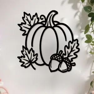 1 piece of metal pumpkin with leaves and acorns, wall decoration, black painted metal, decorative signs and plaques, retro style, suitable for home library walls, home decoration, Halloween, Christmas, Vintage Metal Sign