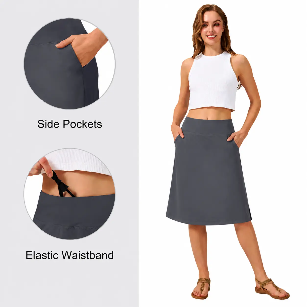 Beroy Women's High-Waisted Sporty Chic Knee-Length Athletic Polyester Blend Skort with Tummy Control, Pockets, Long Design (Plus Sizes Available), Knee Length Skirts, Long Skort Skirts, Multiple Pockets, Skort Shorts