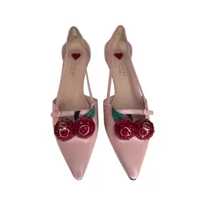 Gucci Unia Leather Pumps in Pink With Crystal-Embellished Cherry Details.