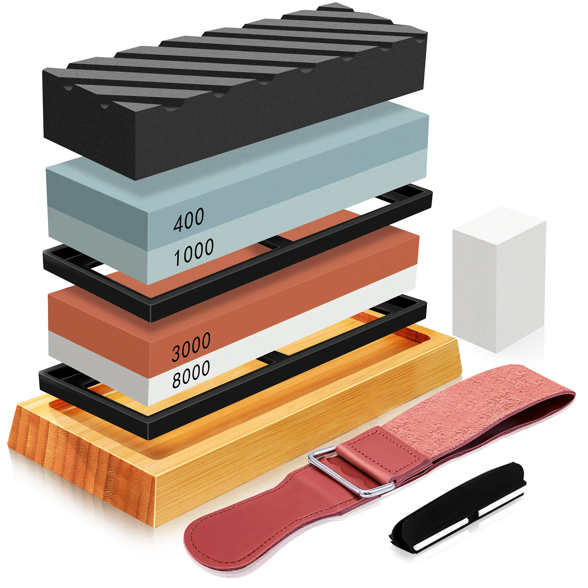 Professional Kitchenware Knife Sharpener Set - 4-Side Multi-Grit Rectangular Stones (400/1000, 3000/8000) with Non-Slip Bamboo Base, Leather Strop, Flattening Stone & Angle Guide