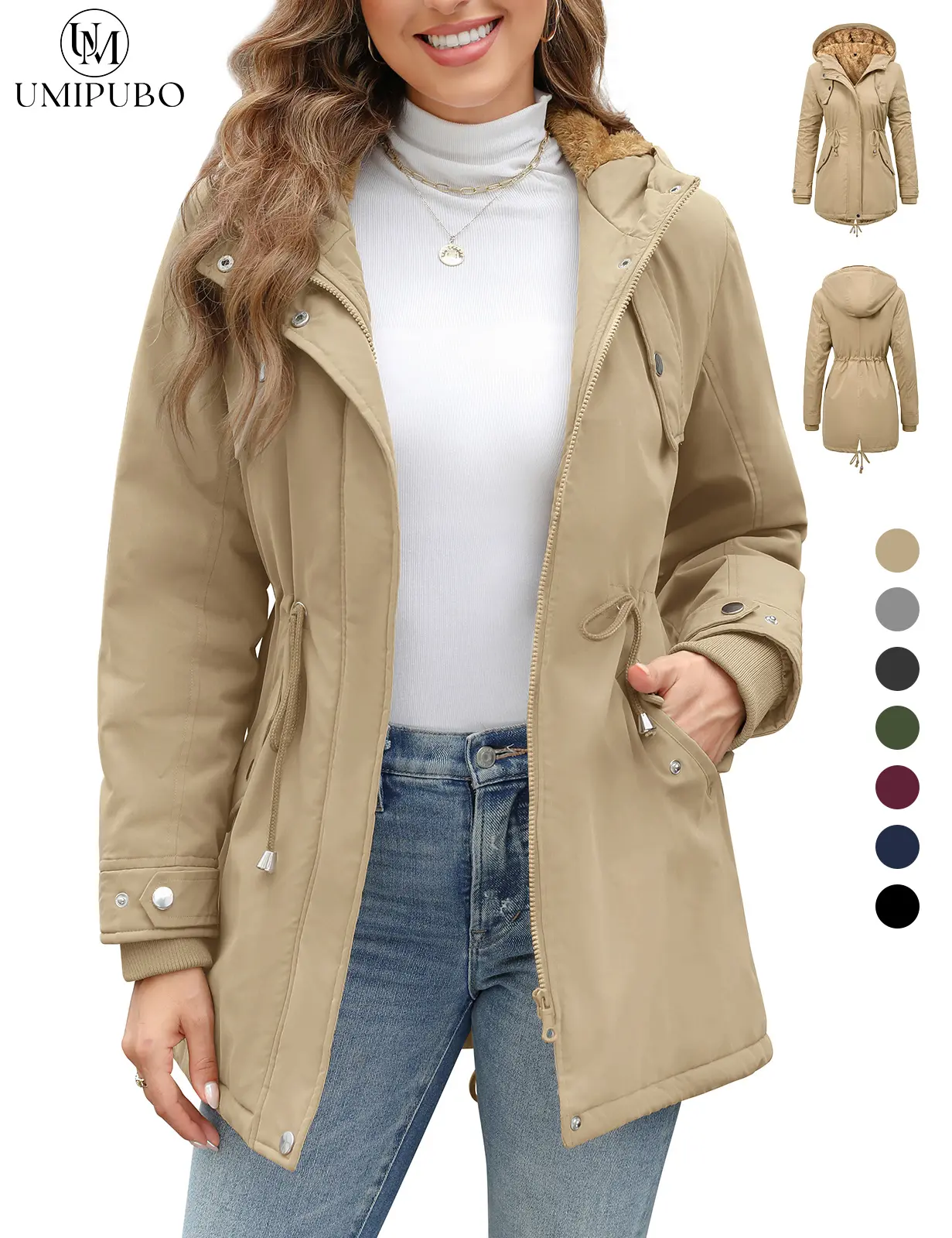 UMIPUBO Winter Women's Casual Fleece Thick Water-Repellent Hooded Warm Jacket, Hood Parka with Zipper Closure and Pockets Outerwear, Warm & Cozy Women's Fleece Jackets