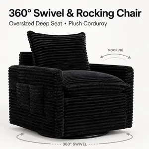 POUUIN 33" Oversized Corduroy Swivel Accent Chair, 360° Rotating & Rocking Lounge Chair with Thick Cushion, Side Pockets, Black tiktokshopspringglowup