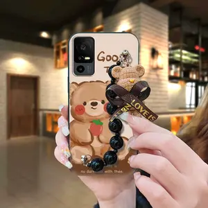 Anti-knock Skin-friendly feel Phone Case For TCL 40R/Sharp Aquos V6 5G Waterproof Bear bracelet silicone Back Cover Black pearl pendant cute Cartoon soft case Simplicity