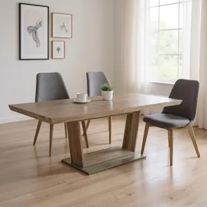 HomeRoots 555165 30 x 71 x 42 in. Gray Wood & Metal Self-Storing Leaf Pedestal Base Extendable Dining Table