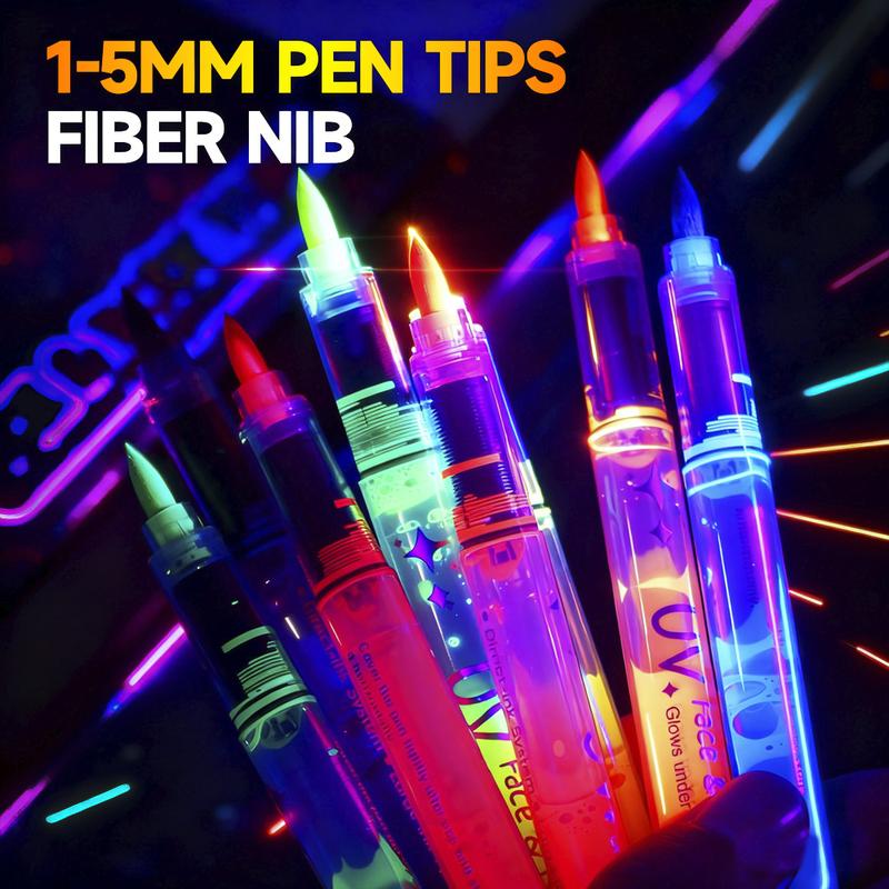 Temporary Tattoo Pens,Halloween Makeup Glow in The Dark Face Paint Markers 8 Colors, With Stencils, UV Neon Body Paint Pen for Skin Glow Under Black Light, Washable