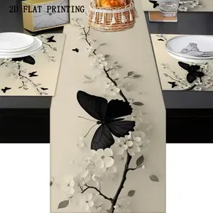 2D flat printing, 5/7-piece table flag and placemat set, designed with black butterflies and white floral branches, perfect for seasonal tabletop decoration, holiday parties, dining tables, elegant home decor, and rural farmhouse kitchen decoration