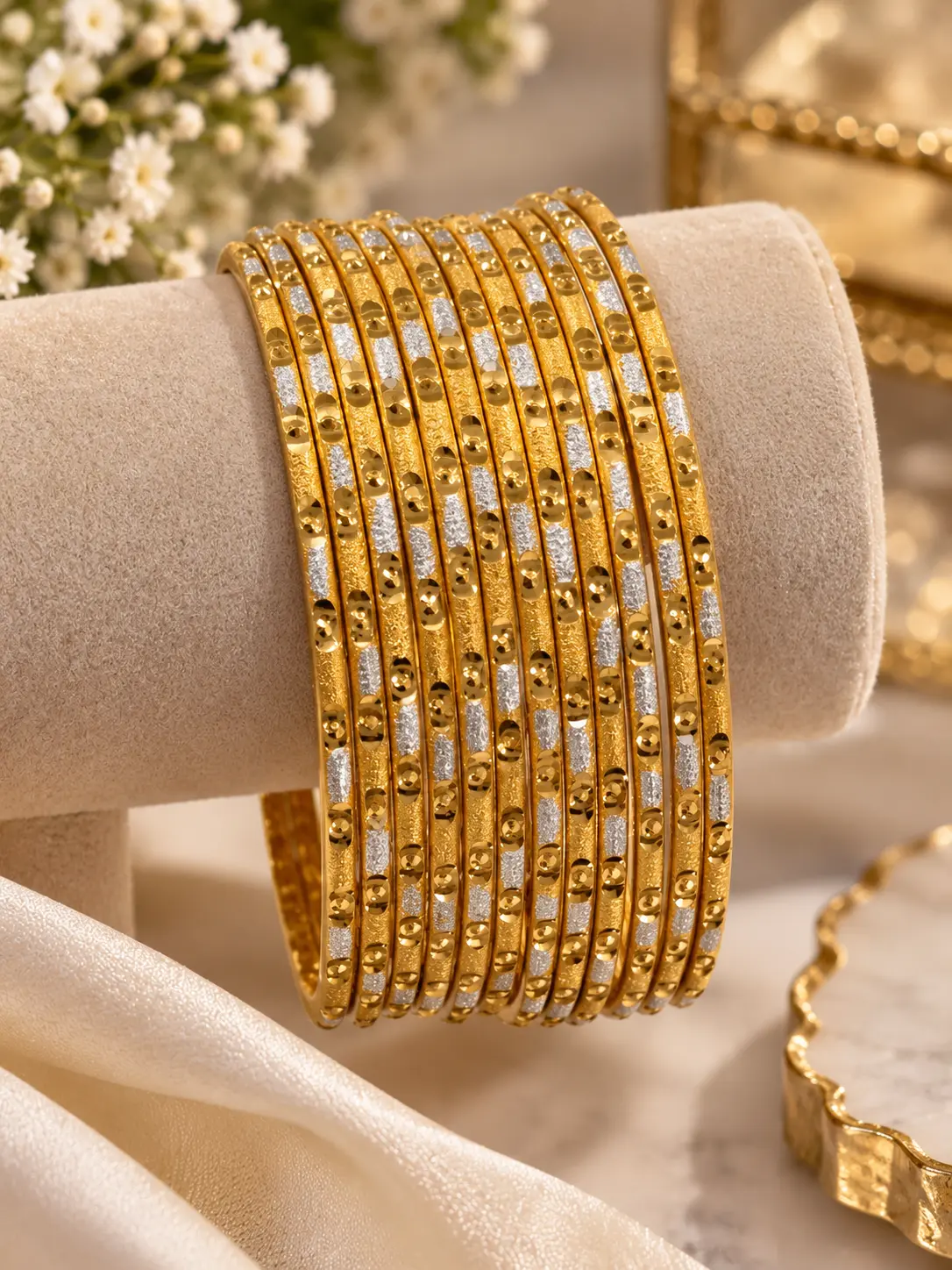 Two Tone Gold and Silver Tone Bangles Set of 12, Thin Stackable Indian Pakistani Bangles Size 2.10, Traditional Bridal Wedding Jewelry