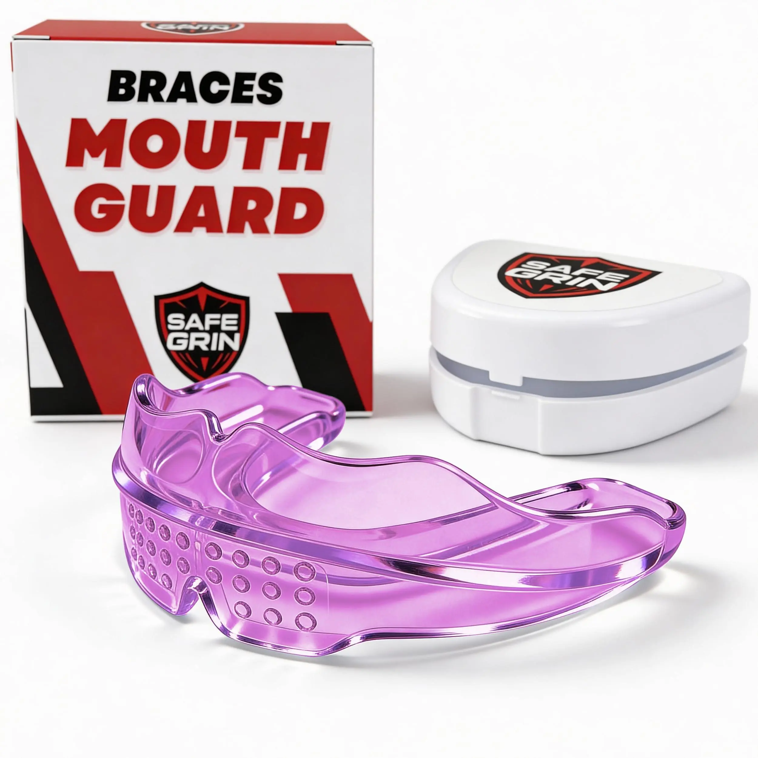 Safe Grin Mouth Guard for Braces  - Pink – Kids Ages 7–11, Upper & Lower, No-Boil. Ready-to-wear. Upper & lower protection for football, wrestling, lacrosse, hockey & basketball. Ages 7 - 11.