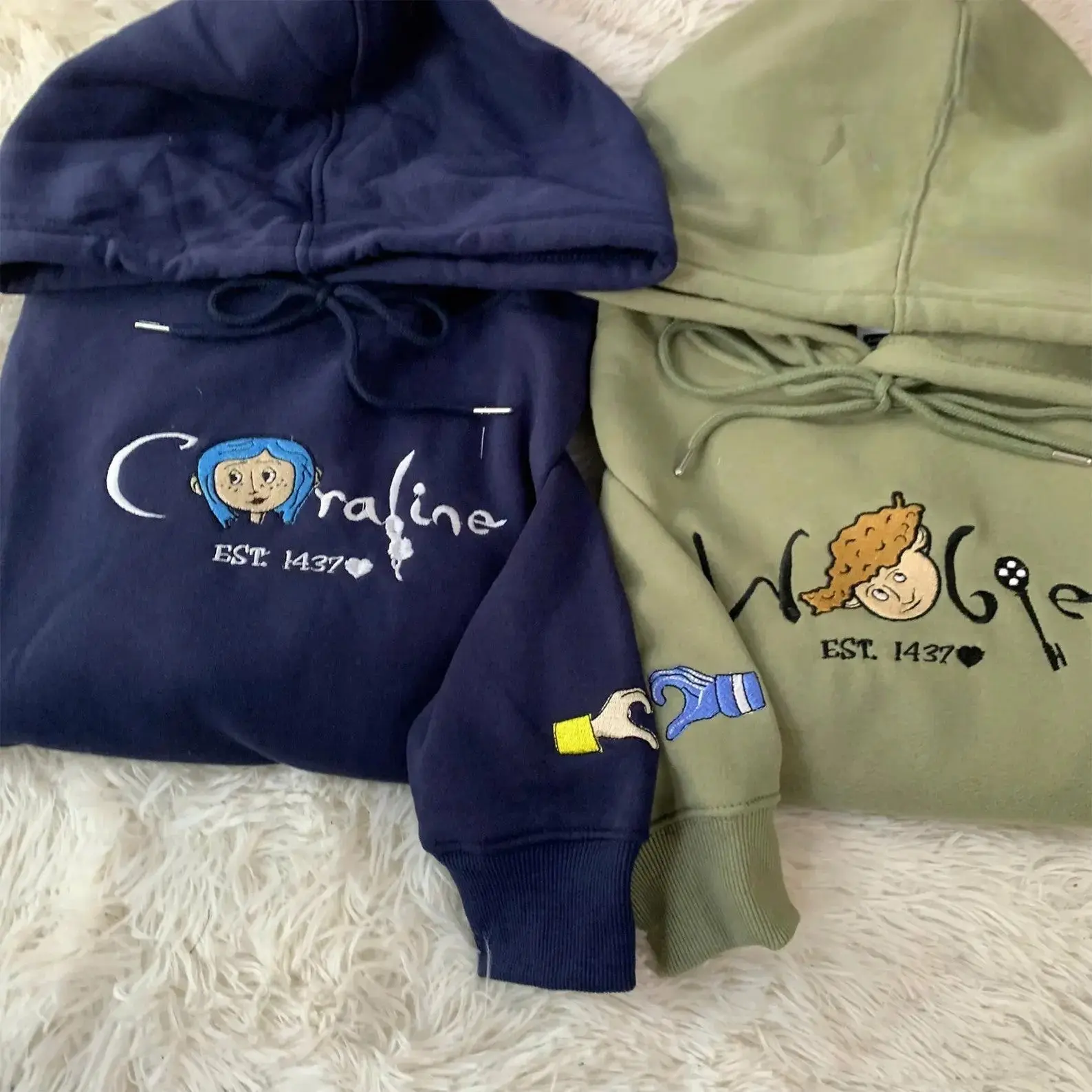 "Halloween Scary Doll And Boy Friend" Matching Couple Sweatshirts - Personalized Embroidered Hoodies For Partners