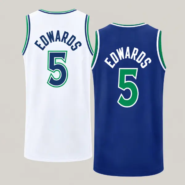 White and Navy Edwards #5 Basketball Jersey, Full Printed Logo Minnesota Blue White Sleeveless Mesh Tank Top, Retro Basketball Fan Gift