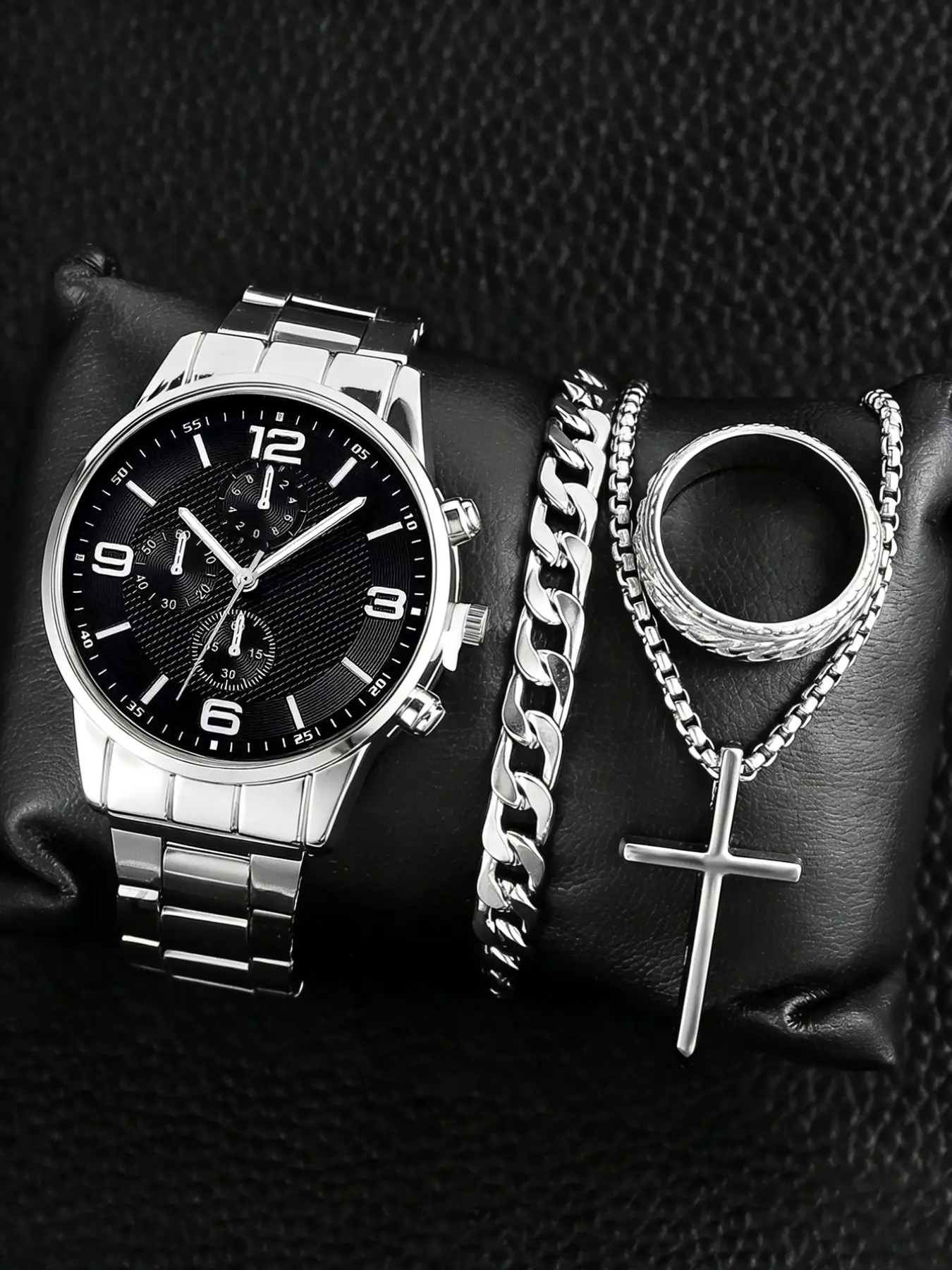 Men's Quartz Watch Set with Chain Bracelet Necklace Ring, Stainless Steel Band, Calendar Function, Casual Style, Perfect Gift