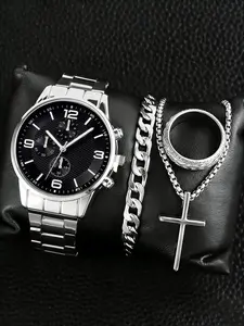 Men's Quartz Watch Set with Chain Bracelet Necklace Ring, Stainless Steel Band, Calendar Function, Casual Style, Perfect Gift
