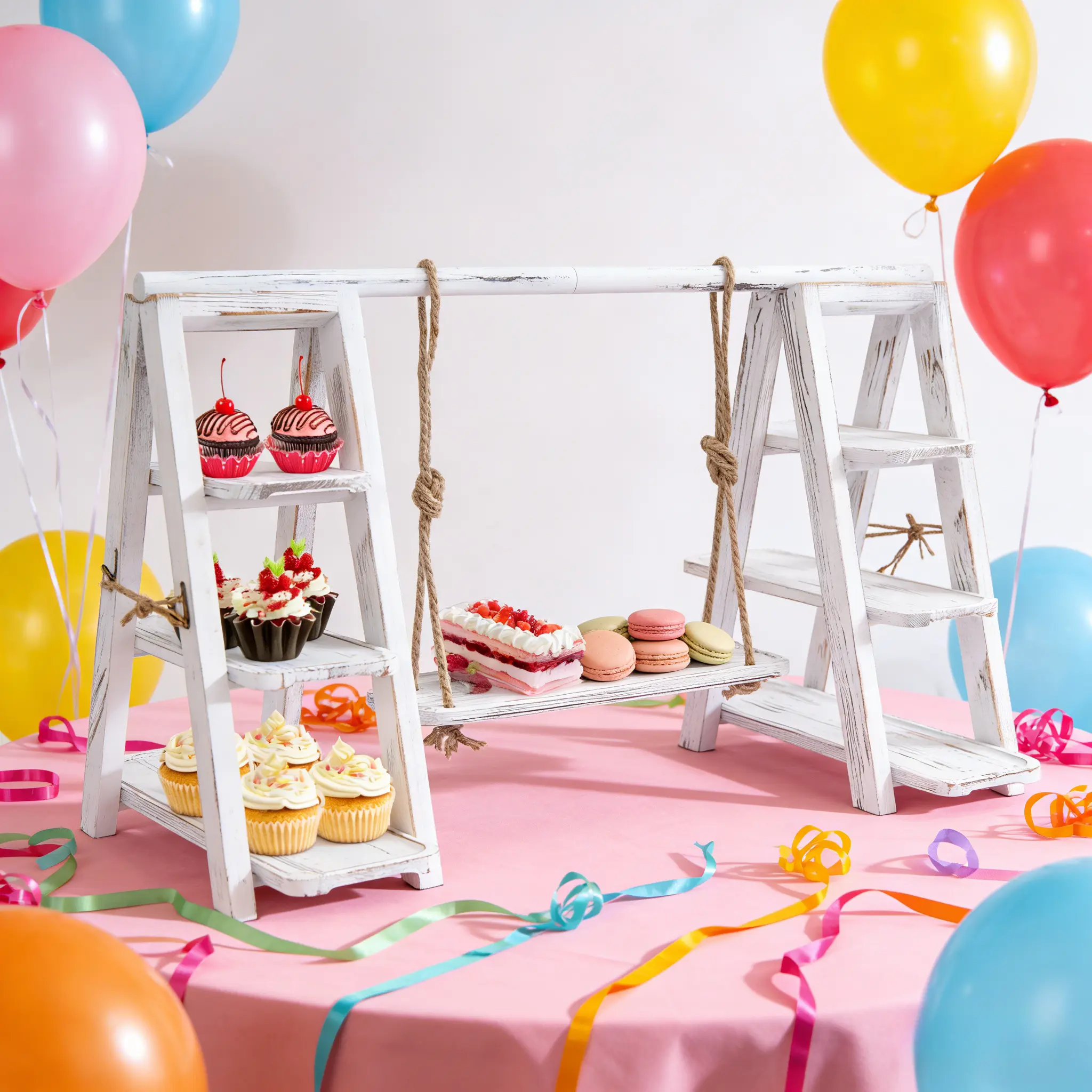 Durable White Rustic 3-Tier A-Shaped Iron-Pine-Hemp Rope Serving Ladder, Universal Food Organiser with Dessert Table & Cupcake Stands for Party Wedding Buffet