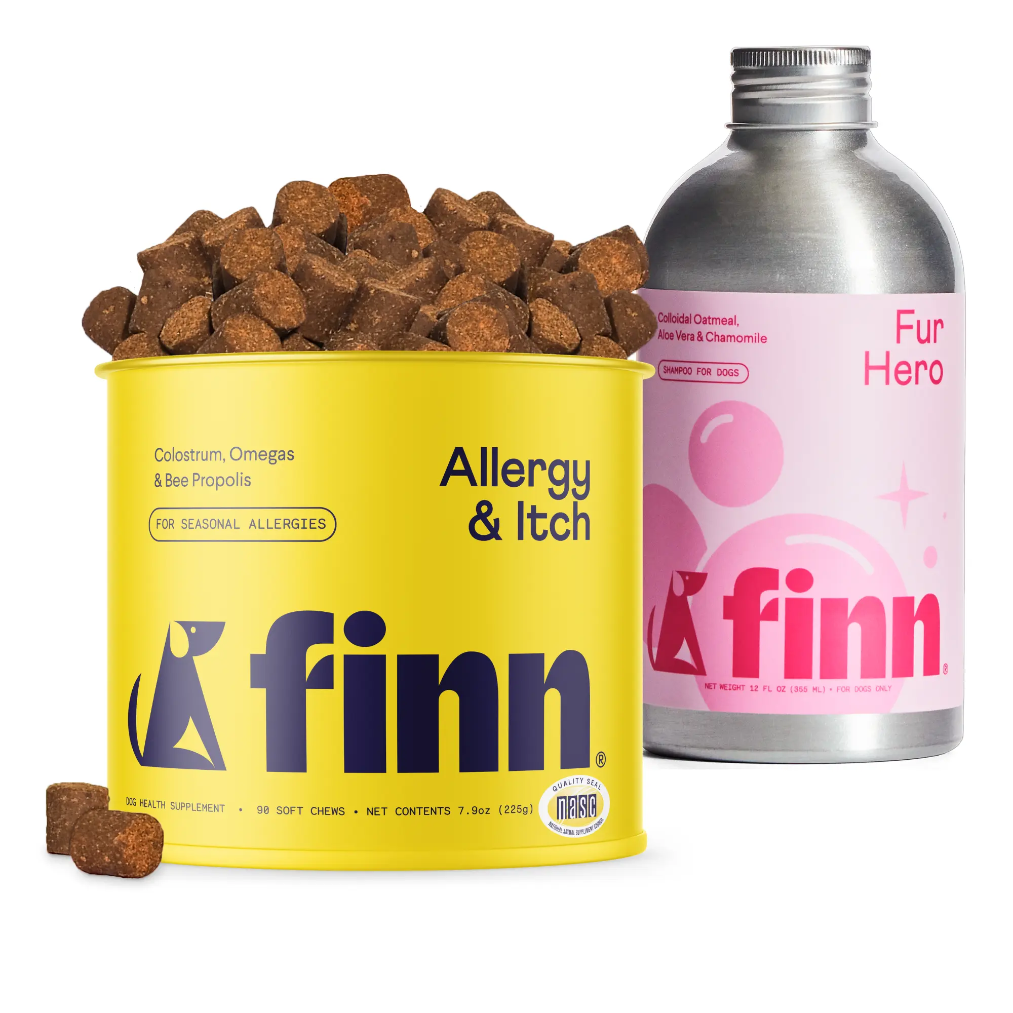 FINN Itchy Dog Relief Bundle – Allergy & Itch Soft Chew Supplements + Fur Hero Shampoo with Soothing Oatmeal, Aloe Vera & Witch Hazel