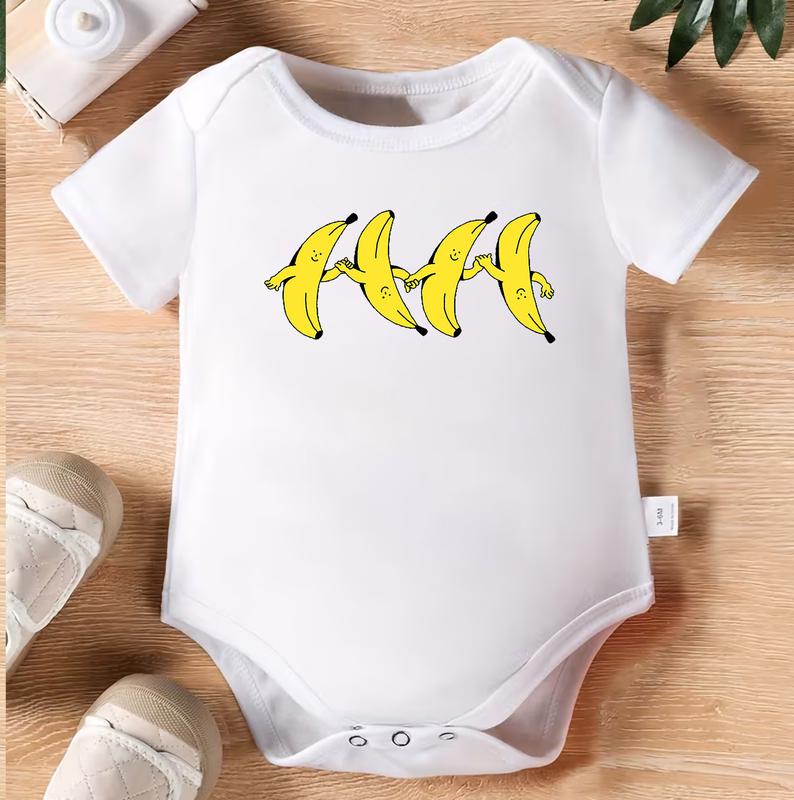 100% Cotton Baby Romper - Soft Short Sleeve Jumpsuit with Holding Hands Banana Cartoon Print, Casual Outfit Suitable for Newborns, Machine Washable Infant Clothing, Perfect for Daily Play