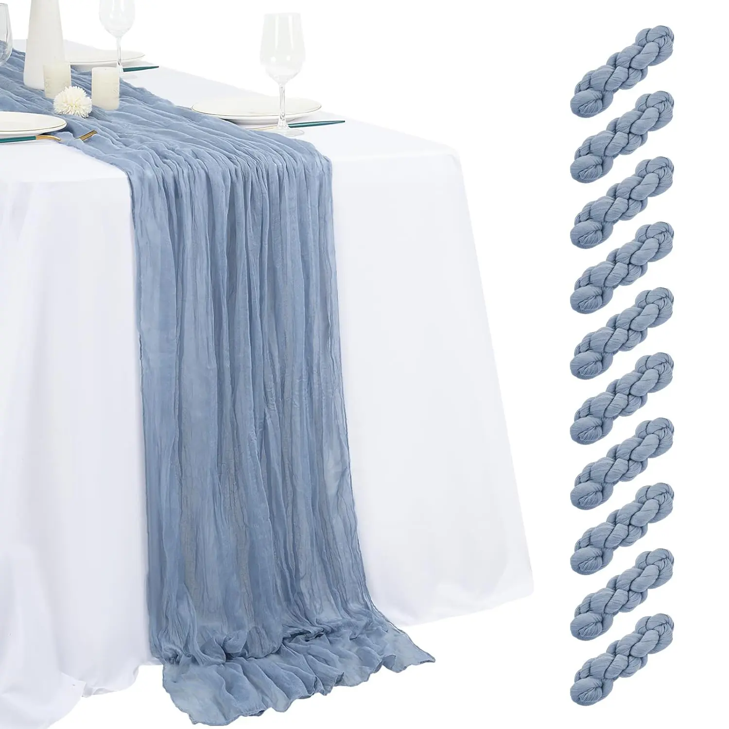 6/10 Pack Dusty Blue 17*108inch 9FT Table Runner Cheesecloth Semi Sheer Boho Gauze Cheese Cloth Fabric Table Runners Table Decor for Wedding Party Baby Shower Birthday Home Decor Garden Farmhouse