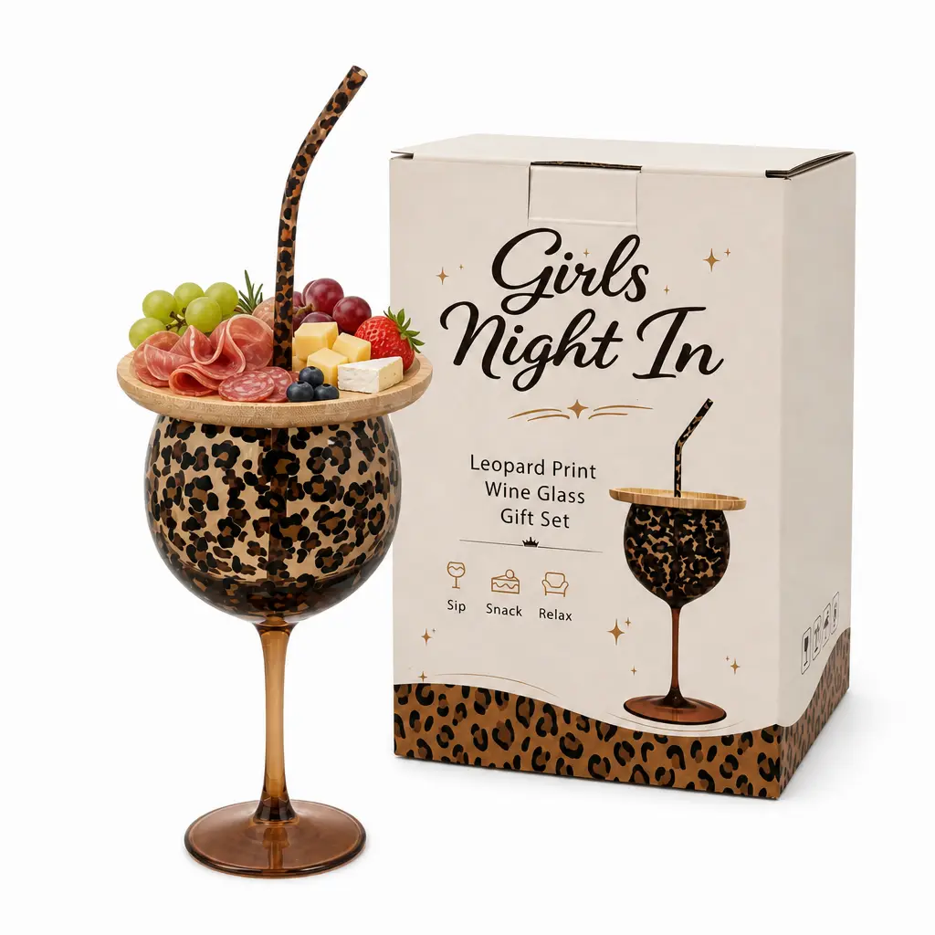 Leopard Print Glass Gift Set with Charcuterie Board & Reusable Straw, Fancy Gift for Wine Lovers, Girls Night In, Housewarming, Birthday (Single Pack with Gift Ready Box)