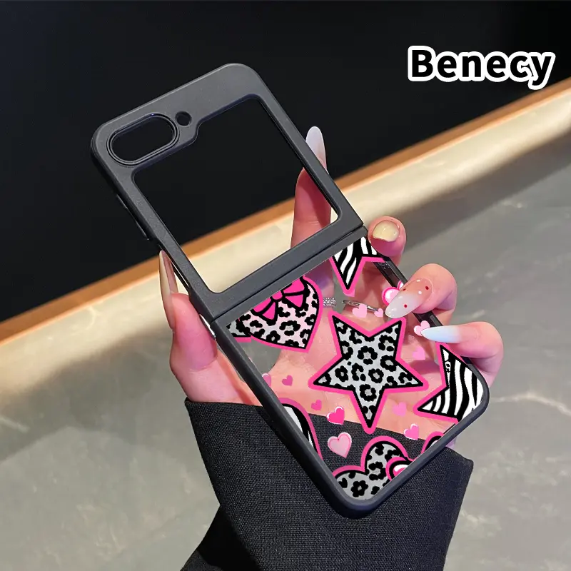 Pink Leopard Stars Pattern Foldable Phone Case for Z Flip 7/6/5/4, Axis Protection and Complete Lens Protection Shockproof Silicone TPU Transparent Cover