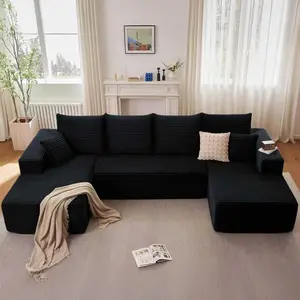 【#SummerVibes】3 Packages Shipping132" U-Shaped Cloud Sectional CouchPlush Corduroy Modular Sofa with Double Chaise NoAssembly Deep Seat Boneless Sofa Set for Living Room FastShipping Black Couch Living Room Boneless Furniture modern modular sofa