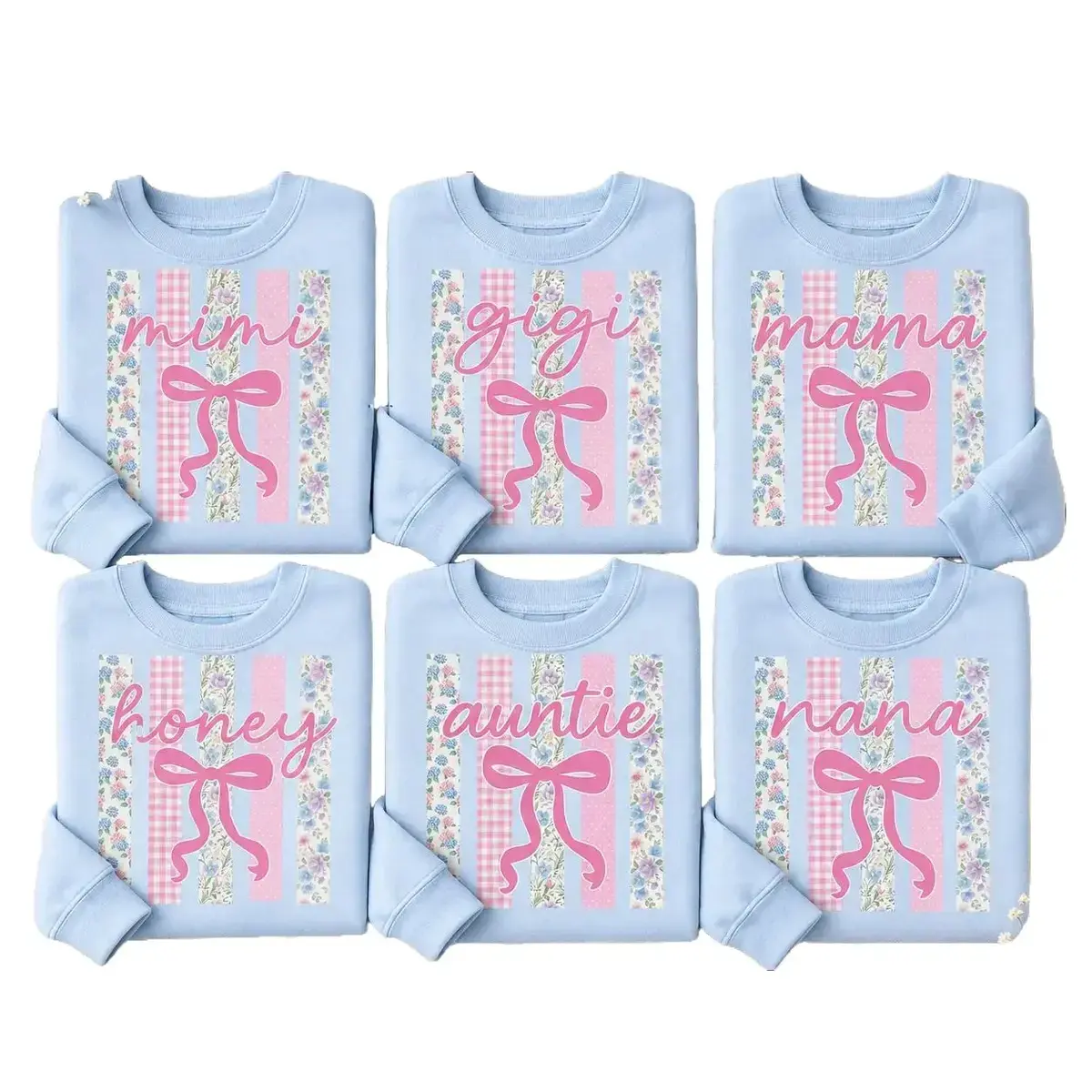 Custom Mimi Gigi Mama Honey Auntie Nana Sweatshirt, Floral Bow Family Crewneck, Coquette Pastel Shirt, Cute Mother's Day Gift for Women, Grandma Mom Personalized Spring Sweatshirt, Light Blue - Tren