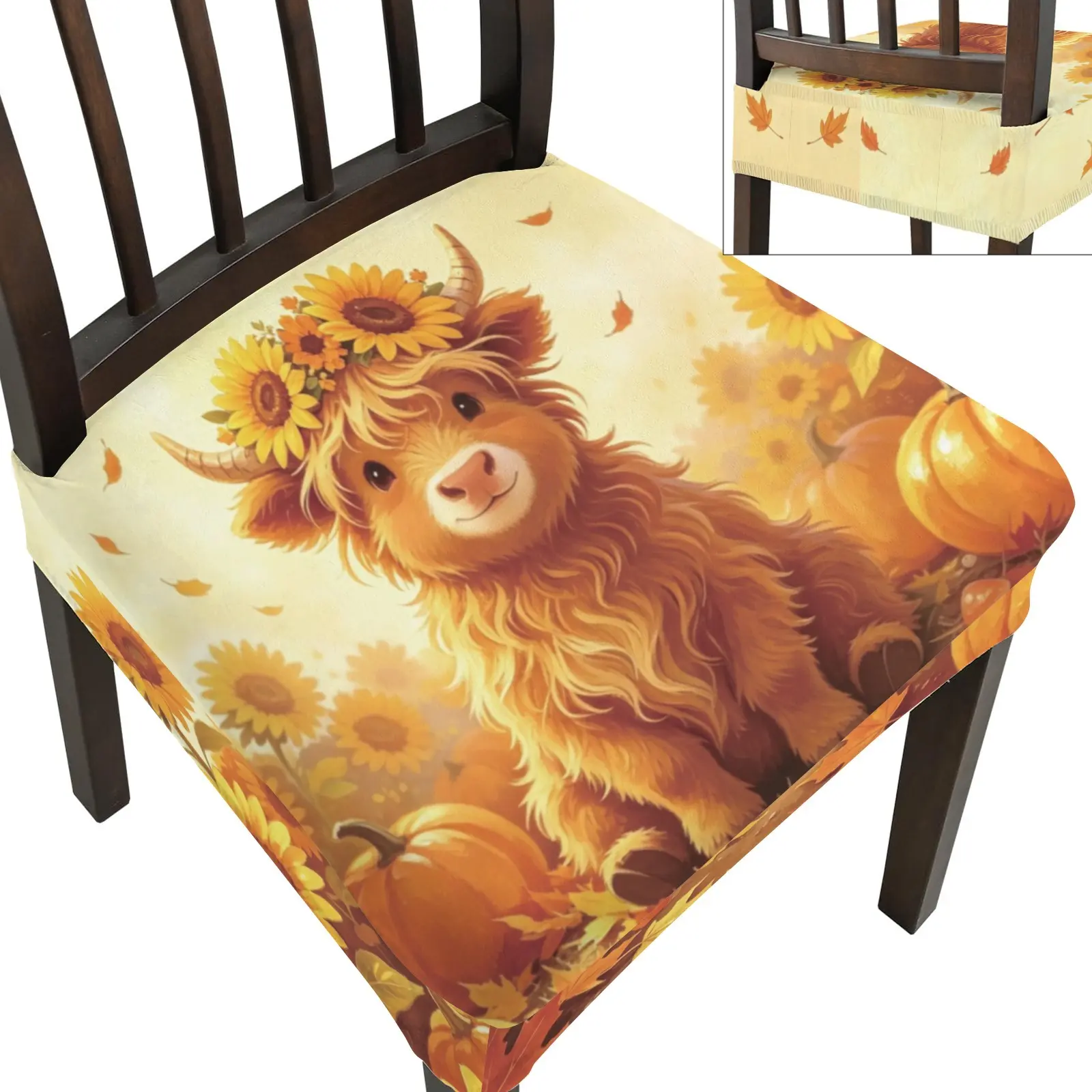 Highland Cow Stretch Dining Chair Covers, Chair Slipcover Seat Protector -Stretch Washable for Home Renters Hosts - Cute Highland Cow Sunflower Print for Dining Room Living Room Kitchen Hotel Thanksgiving Gatherings