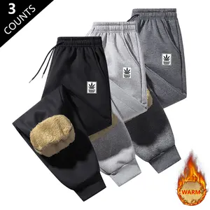 Men's Casual Sports Pants, 3 Pack, New Autumn Winter Fleece Lined Thickened Sweatpants, Trendy Warm Lambswool Joggers, Men's Straight Leg Fashionable Plus Size Sweatpants with Elastic Ankle Cuffs, Men's Lambswool Sweatpants, Winter Lambswool Sports Pants