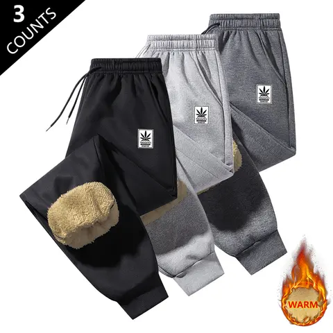 Men's Casual Sports Pants, 3 Pack, New Autumn Winter Fleece Lined Thickened Sweatpants, Trendy Warm Lambswool Joggers, Men's Straight Leg Fashionable Plus Size Sweatpants with Elastic Ankle Cuffs, Men's Lambswool Sweatpants, Winter Lambswool Sports Pants
