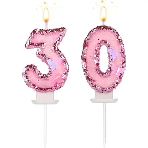 Girls 30th Birthday Number 30 Candles, 2.95in Glitter Butterfly Happy Birthday Cake Toppers, Pink Sequins Wedding Numeral Cupcake Decorations for Anniversary Celebration Party Supplies