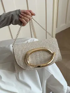 2026 New Straw Woven Herringbone Baguette Bag, C-Handle Chain Crossbody, Vacation Style Underarm Purse, Boho Style Crossbody, Boho Shoulder Bags