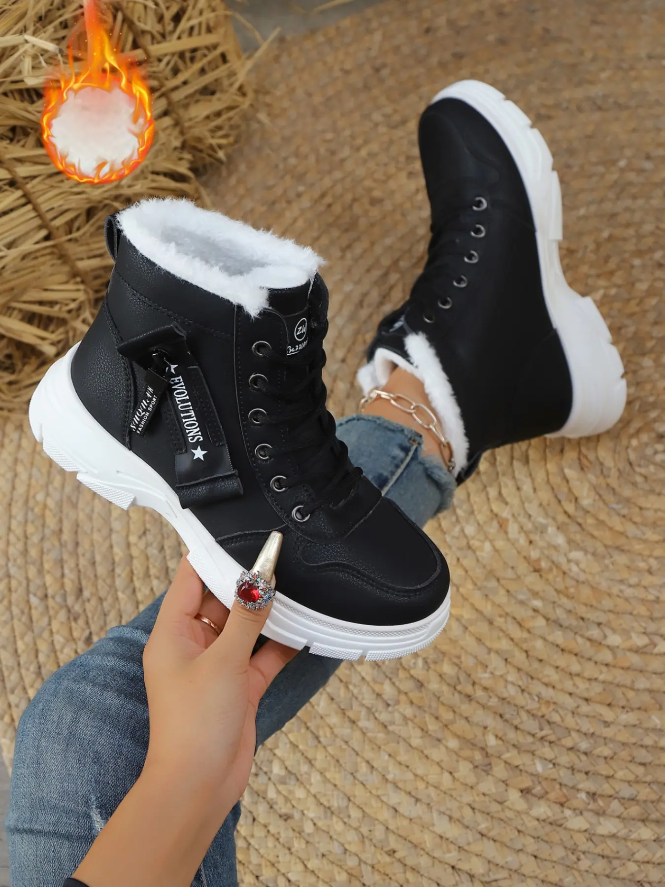 Women's Fashion Casual Sporty PU Leather Boots, Comfortable Soft Fleece, Warm Winter Outdoor Adventure Shoes, Perfect Gift for Fall & Winter