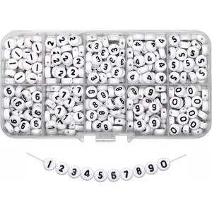 500 count  Number Beads in 10 Grid Box for  Making, DIY Necklaces, Keychains, Bracelets (4x7mm Box, White)