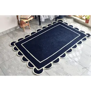 BZAAR White Border Blue Scallop Boho Decor Handmade Rectangle Jute Rug