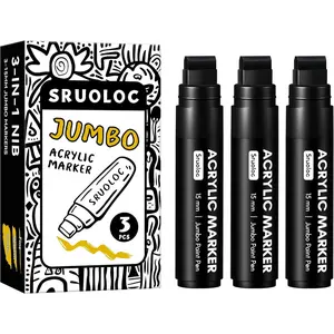 3 Jumbo Permanent Black Markers, 15mm Thick Wide Tip, Large Acrylic Paint Markers for Rock Painting, Poster, Stone, Ceramic, Glass, Wood, Canvas
