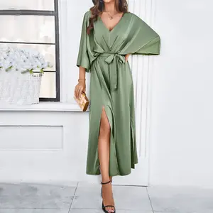 Women Summer V Neck Cold Shoulder Short Sleeve Maxi Dress High Waist Split Wedding Guest Long Dress