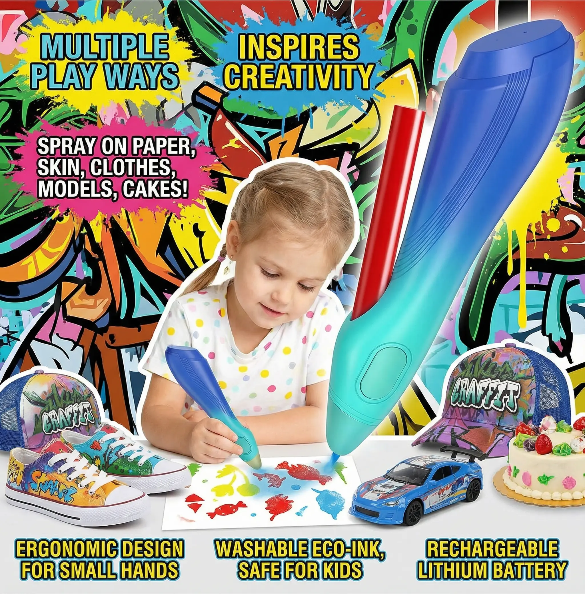Kids Electric Spray Pen Airbrush Set - 600mAh Lithium Ion Battery-Powered Graffiti Marker Kit, 12 Felt Pens, 19 Stencils, USB Rechargeable Drawing Tool, Washable Stickers, 90g Arts Crafts Coloring Beginner Gifts for Boys Girls, Ideal for Birthdays