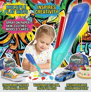 Kids Electric Spray Pen Airbrush Set, Battery Powered Graffiti Painting Marker Kit with 12 Felt Pens, 19 Stencils, USB Rechargeable Drawing Tool for Arts Crafts Coloring, Washable Easy Clean Air Brush Toy for Boys Girls Beginners Birthday Gifts Sticker Pa