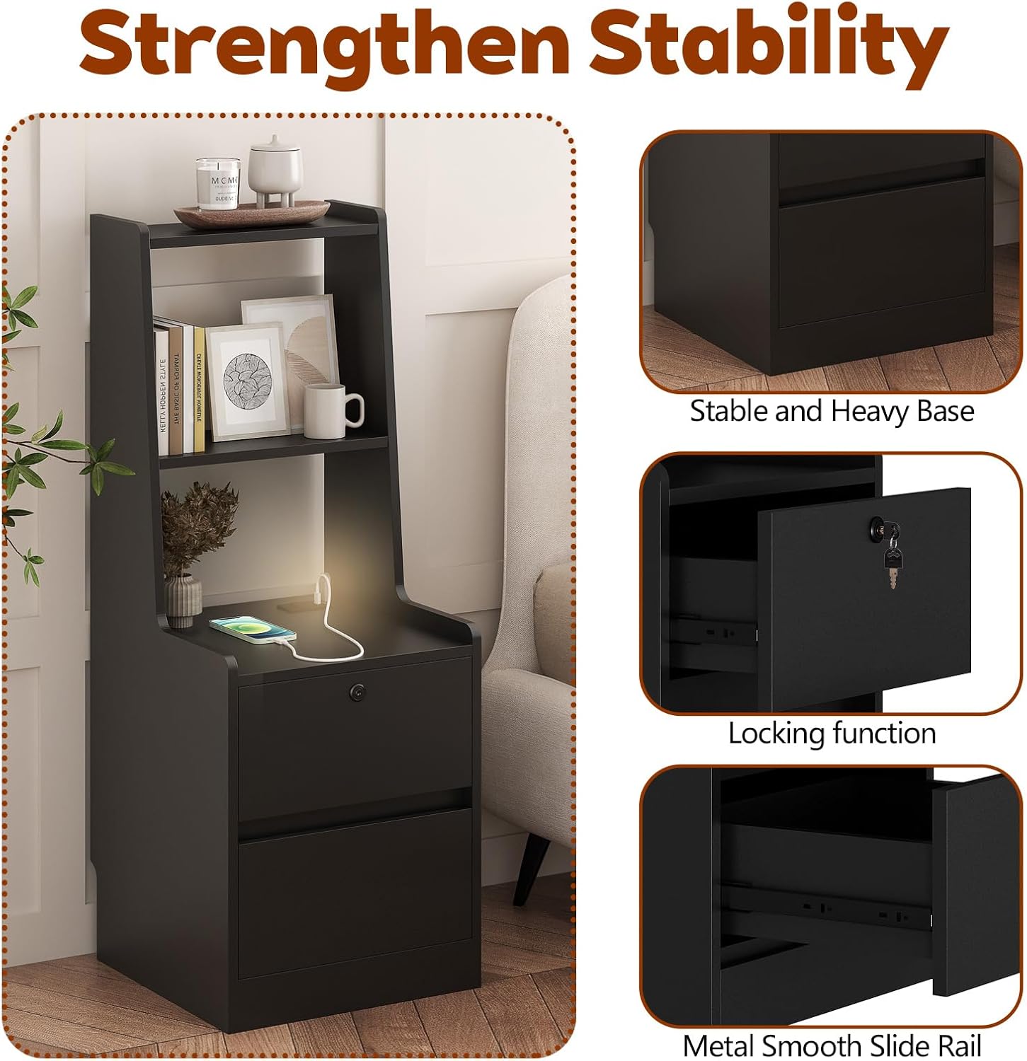 Modern Smart Nightstand with Night Light & Charging Station, Night Stand with Bookshelf, Lockable Bedside Cabinet Tables with 2 Storage Drawers for Bedroom Home Office (Black)