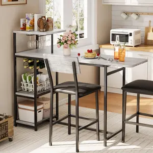 Garvee Expandable Dining Table Set for 2 - Bar Table and Chairs with Storage Shelves & Wine Rack, 3 Piece Space-Saving Small Kitchen Dining Set for Apartments, Living Room - Grey
