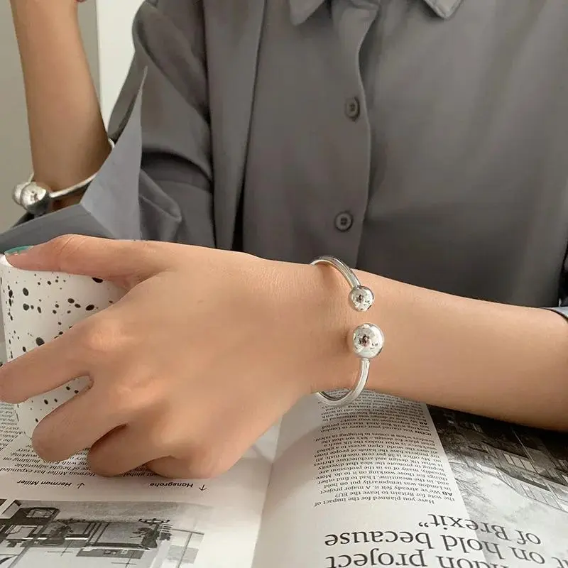 925 Sterling Silver Hot Sell Simple Two Ball Design Lady Bangle Wholesale Jewelry Girlfriend Gift No Fade Elegant Versatile