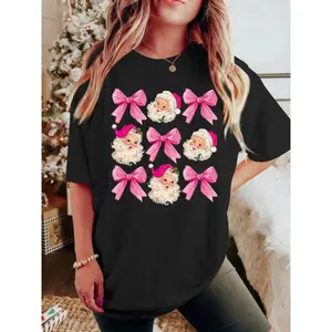 Elegant Christmas Bow Print Tee for Women – Casual Half Sleeve Top