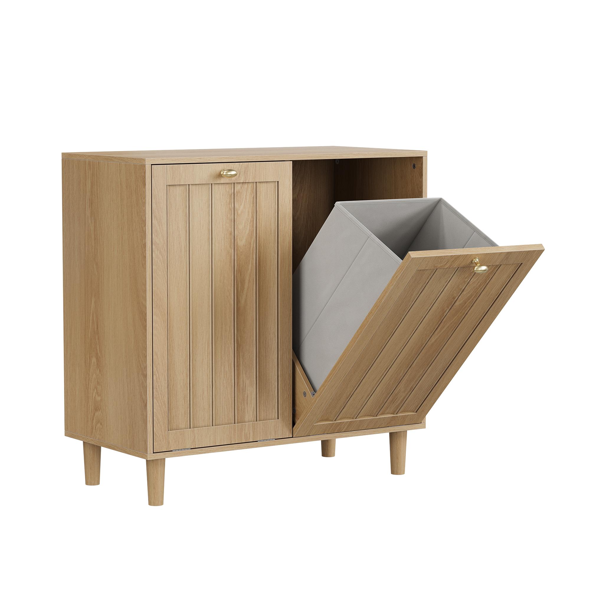 Sloping laundry basket with removable inner basket, concealed laundry basket, bathroom laundry storage cabinet, freestanding household storage rack, oak color