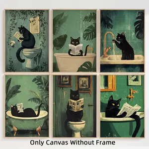 Cat Bathroom Pattern Unframed Painting, Modern Canvas Wall Art, Wall Decor for Home Living Room Bedroom Study Room, Ornaments, Unframed Art Print