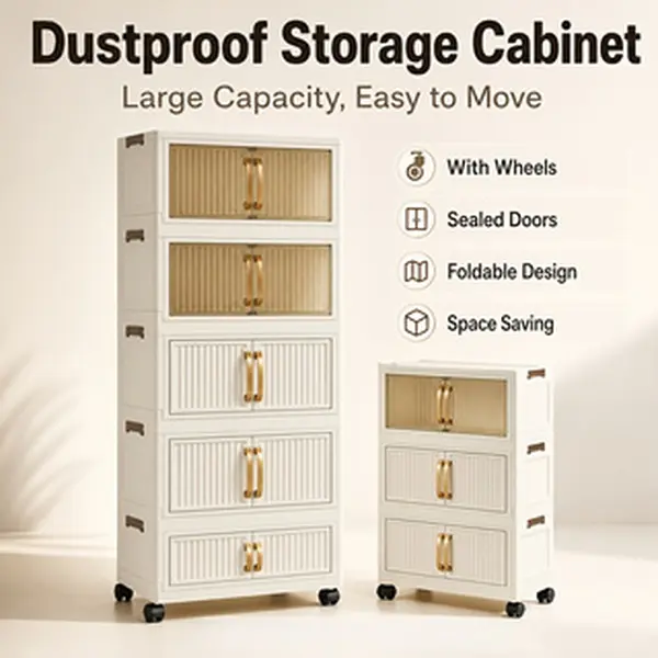 Foldable 3/5-Tier Sewing Storage Cabinet with Silent Rolling Wheels, Tool-Free Assembly. Large compartmentalized storage for threads, fabrics, sewing tools and craft supplies, stackable space-saving, stylish durable organizer for home craft studios.