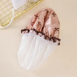 2026 New 3-Piece Double-Layer Waterproof Shower Cap Set, Cute Bowknot Pattern Shower Cap, Bathroom Supplies for Women and Girls, Home Supplies, Rose Gold Restroom Pastel