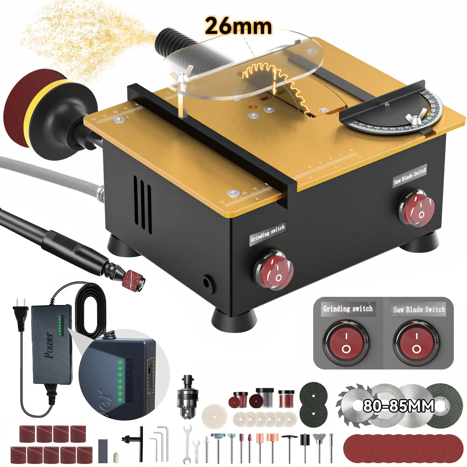 Mini Table Saw for Crafts,Safely Multi-Functional Table Saw,Speed & Angle Adjustable, Cutting | Sanding | Engraving All-in-One Machine, for Wood/PCB/Acrylic/Plastic
