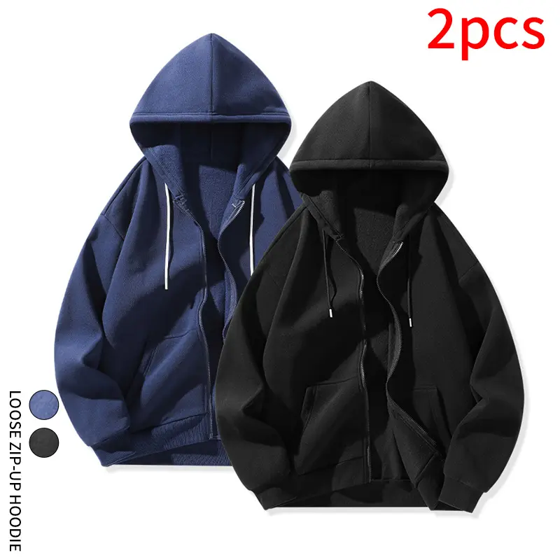 2Pcs Casual Oversized Zip‑Up Hoodie Unisex Drawstring Full Zipper Jacket for Jogging Walking Gym Light Exercise