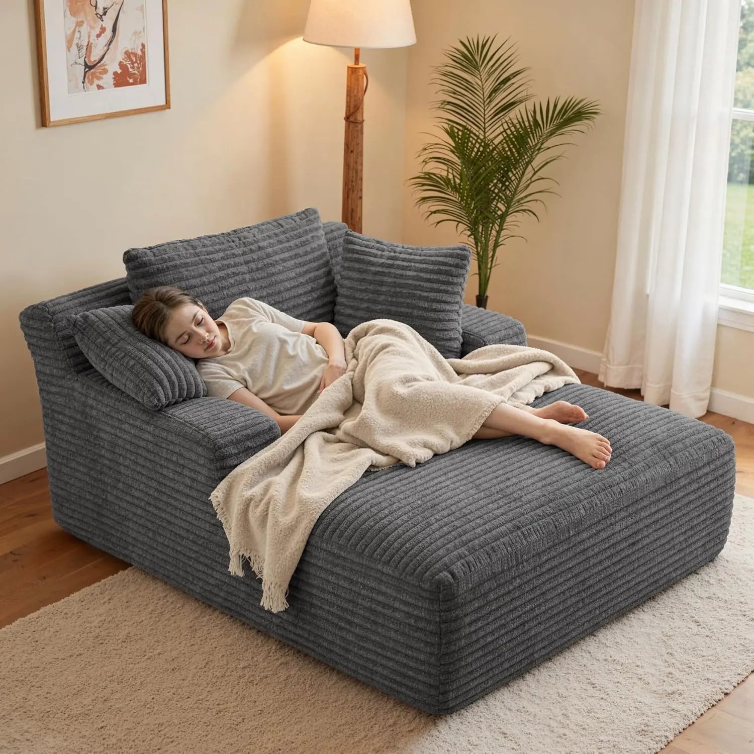 Boneless Couch Modern Cord Floor Sofa with Sleep Function - Cloud Sofa with Chaise Longue, 3 Cushions, Comfortable Sofa Couch for Living Room, No Assembly Required