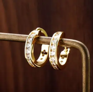 Fashion Women Men 14k Gold Plated Iced CZ Sparkling Huggie Hoop Earrings Anti-tarnish