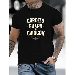 Men Unisex Crewneck Funny Latinx Confident Men's Tshirt, "Gordito Guapo & Chingón" Humorous Quote Print Top, 180GSM Cotton Blend Fabric, Slim Fit Vintage Classic Black Tee, Soft Smooth Short Sleeve Clothes, Casual Mexican Urban Streetwear