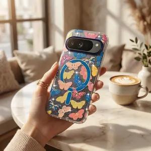 For Google Pixel 9 10 Pro XL 9A 10A Magnetic Phone Case Gradient Blue Light Colorful Butterfly Glitter IMD Anti-Fall